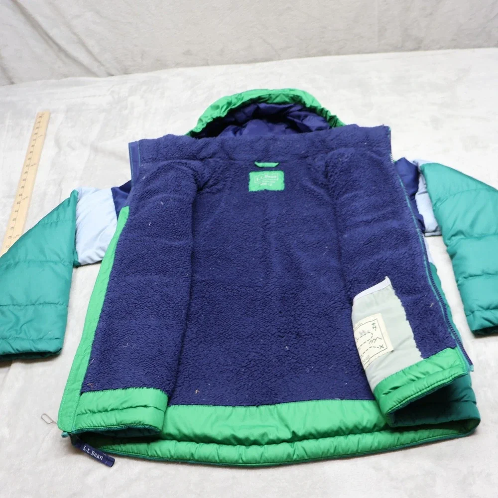 LL Bean Down Jacket Youth Medium 10-12 Green Colorblock Insulated Puffer Winter